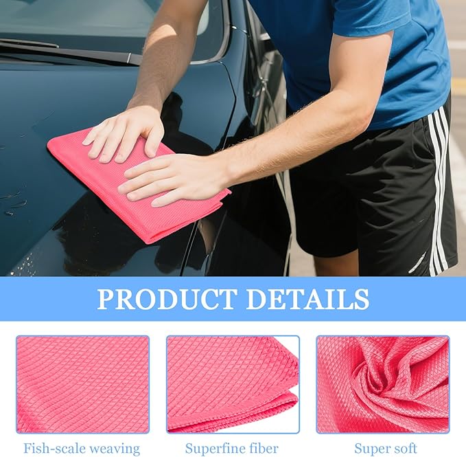 6PCS Microfiber Glass Cleaning Cloth, 12"×24" Fish Scale Cloth for Car Glass & Window Cleaning, Lint-Free Streak-Free, Multi-Purpose Mirror Washing Towels, Car Cleaning Supplies (Red)