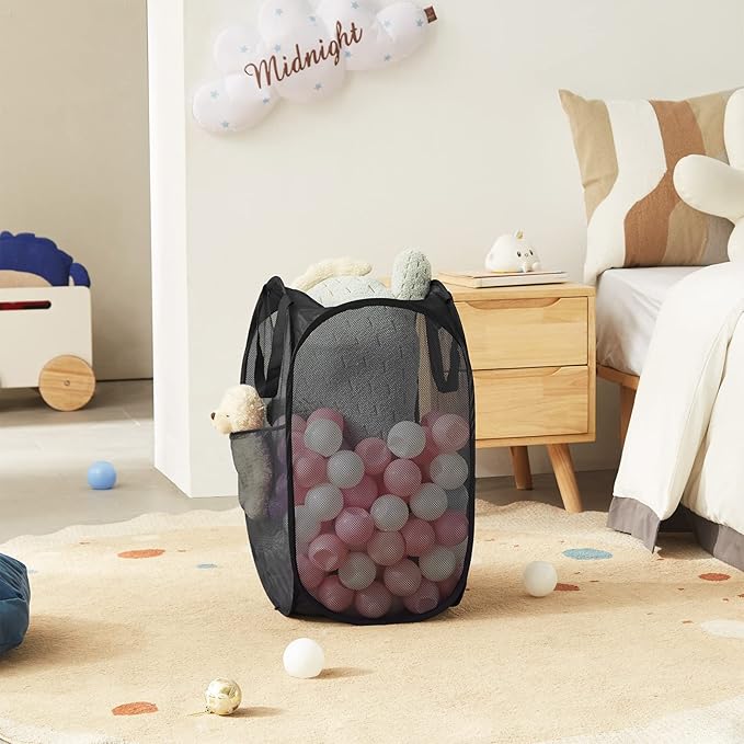 TECHMILLY Collapsible Mesh Pop Up Laundry Hamper with Sturdy Handles and Side Pocket - Portable Foldable Clothes Baskets for Dorm, Bathroom & Travel Storage (Black, 3 Packs)