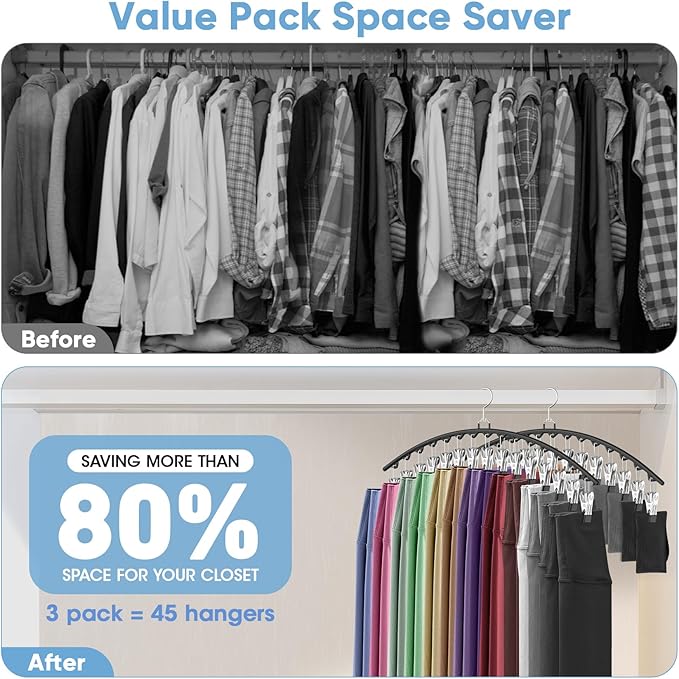 6 Pack Legging Organizer for Closet Hanging, Pants Hangers with Clips Holds 95 Leggings, Shorts, Skirts, Jeans, Hats, Pants Hangers Space Saving Clothes Racks Closet Organizers and Storage, Black