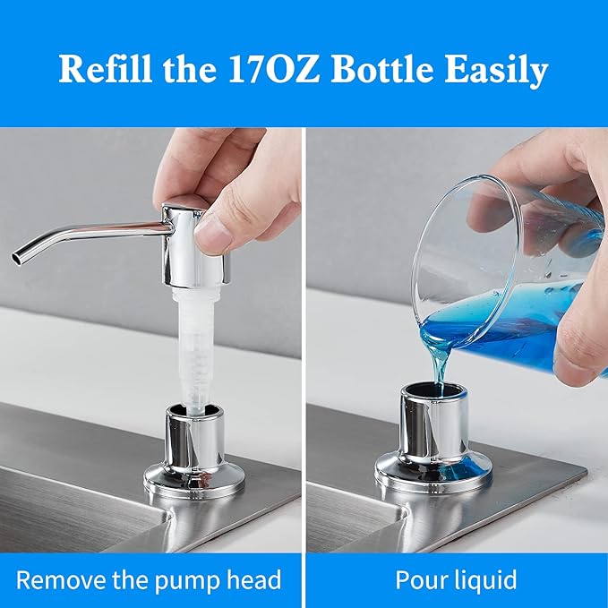 Built in Soap Dispenser for Kitchen Sink, Chrome Stainless Steel Countertop Pump Head (Plastic Inside), Dish Soap Hand Lotion Dispenser with Refillable 17OZ Bottle