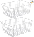 Redrubbit Wire Storage Baskets, Large Farmhouse Metal Freezer Basket Storage Organizer Bins with Handles for Kitchen Cabinets, Pantry, Closets, Bedrooms, Bathrooms, Set of 2, White