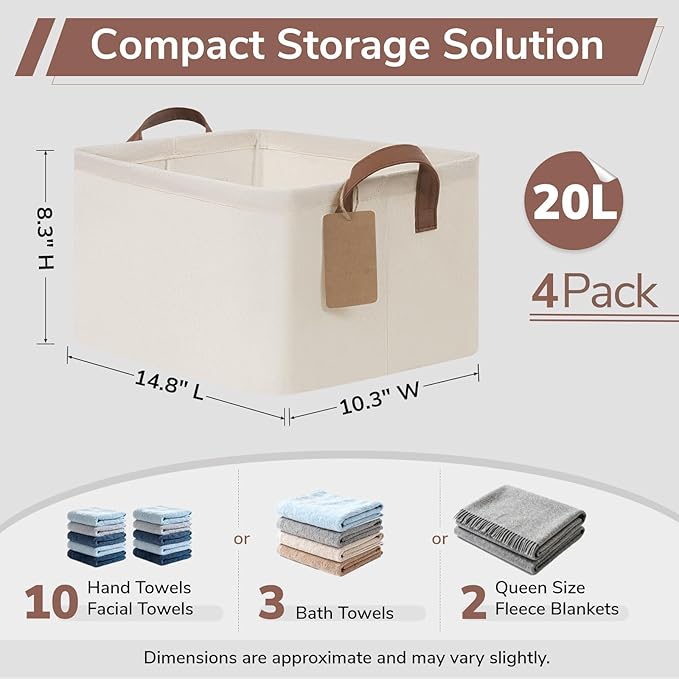 CHICVITA 4 Pack Storage Baskets for Shelves, Collapsible Fabric Closet Baskets for Organizing, Shelf Bins with Metal Frame, Clothes Towel Organizer for Closet, 14.8" x 10.3" x 8.3", Beige