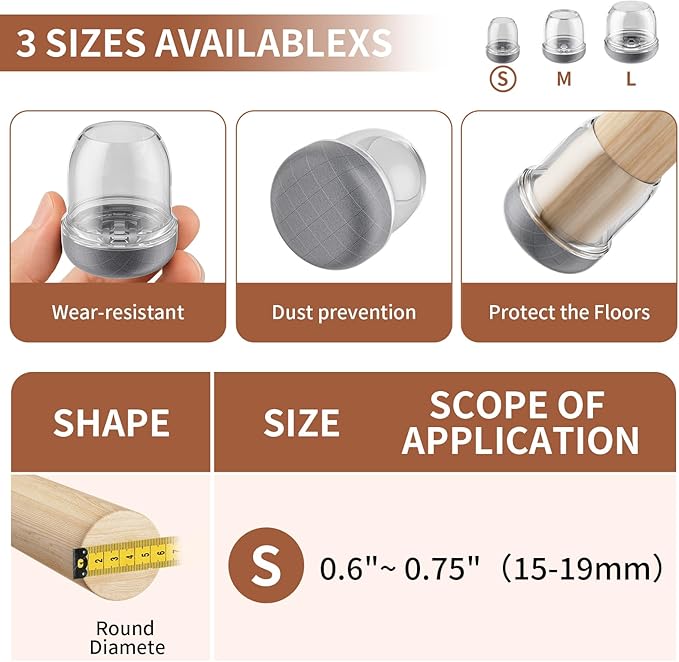 Ezprotekt 24 Pcs Chair Leg Floor Protectors, Chair Leg Caps, Silicone Protectors Covers for Hardwood Floors & Carpet, Pet Dust & Hair Proof Chair Pads - For Dining Table Chair, Clear S Fit(0.6"-0.75")
