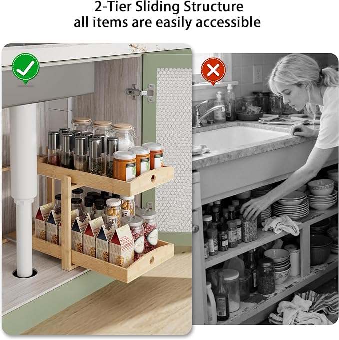 2 Pack Under Sink Organizer, Bamboo Wooden 2-Tier Pull-Out Storage with Sliding Drawers for Kitchen and Bathroom Cabinets, Easy Installation (Natural)