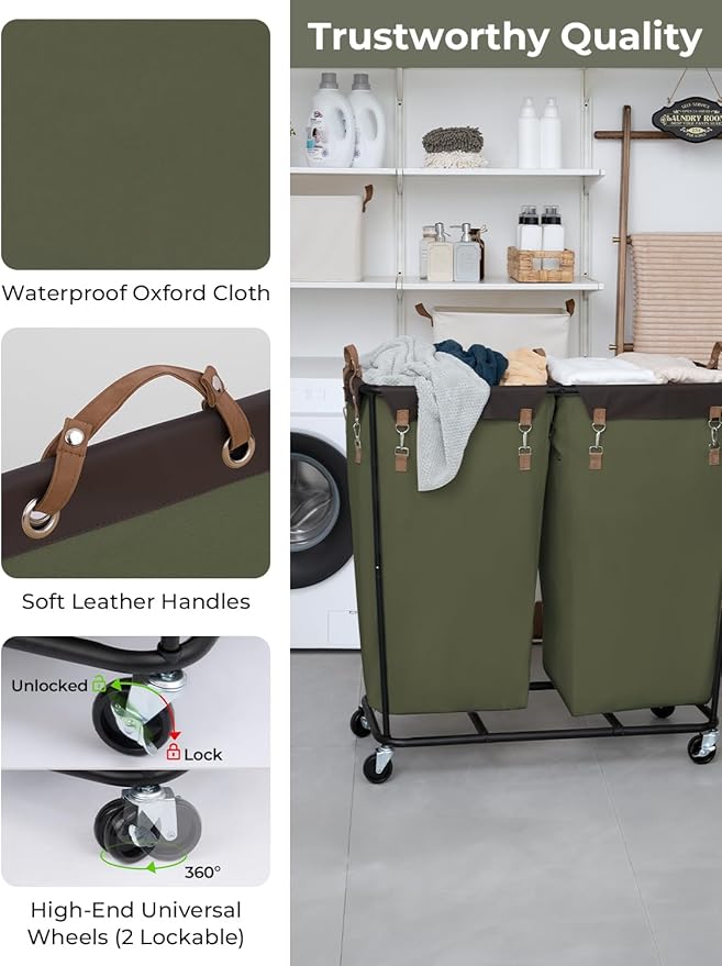 StorageWorks 390L Extra Large Laundry Hamper with Wheels, 2 Sections Laundry Basket with Wheels, Clothes Sorter Cart with Divider for Hotel, Home, Green, 37.75"L x 17"W x 37.5"H