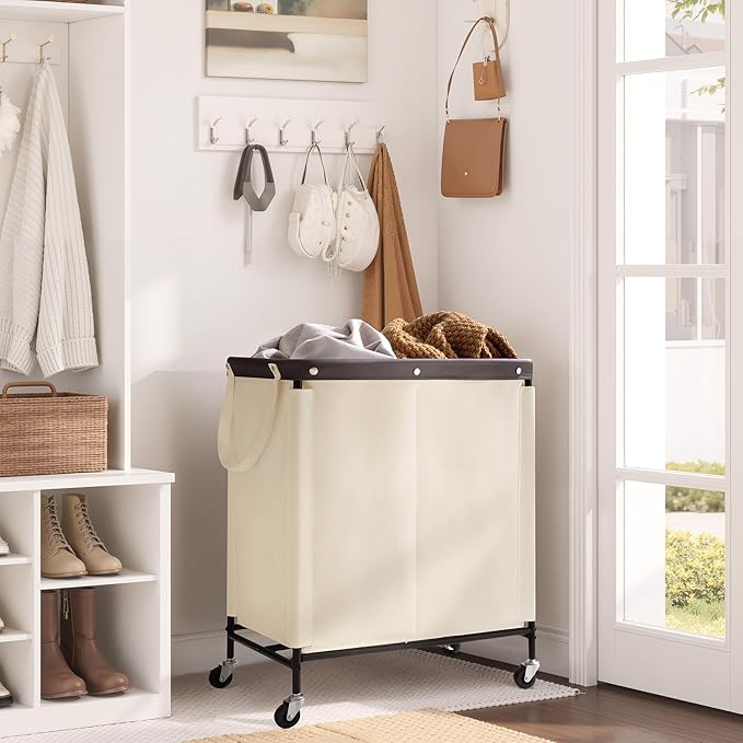 StorageWorks 2 Section Laundry Hamper, Rolling Laundry Cart with Wheels and Handles, Laundry Room Double Sorter for Organizer and Storage, 26.4 Gal(100L), Beige