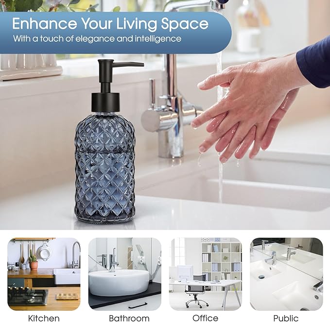 2 Pack Gem Glass Soap Dispenser with Black Plastic Pump, 13oz Liquid Hand Soap Dispenser, Rustproof Pump for Kitchen & Bathroom, Great for Lotions, Essential Oil, Liquid Soaps-Grayish Blue