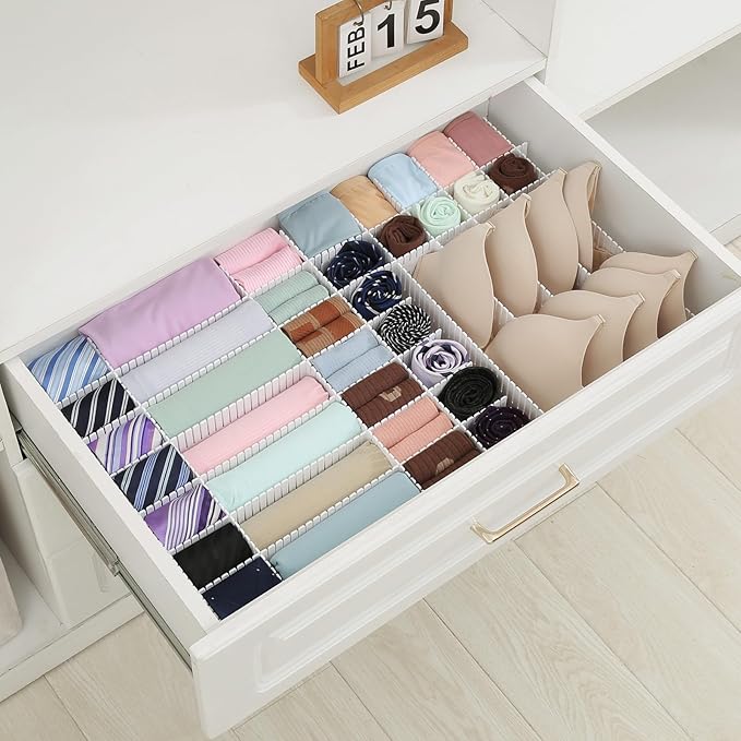 Qozary 42 Pack Adjustable Drawer Organizer Dividers for Socks, Underwear, Makeup, Kitchen, Dresser