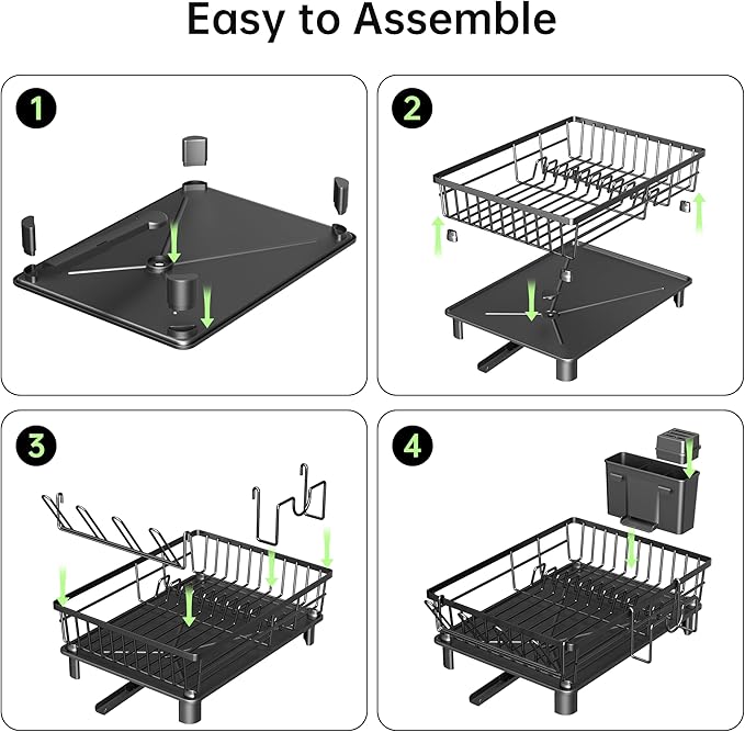 Dish Drying Rack, Dish Racks for Kitchen Counter, Detachable Dish Drainer with Drainboard, Utensil Holder, Cup Holder, Space Saving Kitchen Drying Rack for Small Home and Appartment, Black