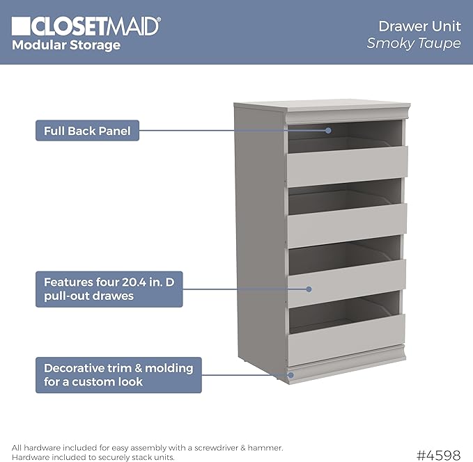 ClosetMaid Modular Storage 21.38-inch W 3-Shelf 4-Drawer Tower Wood Closet System, Smoky Taupe