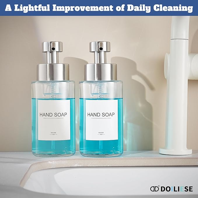 Doiliese Glass Foaming Hand Soap Dispenser, 10 oz Easy Refill Bathroom Soap Dispenser, Foaming Dispenser with Stainless Steel Pump & Waterproof Labels, Foam Soap Pump Bottles for Handwashing, 2 Sets