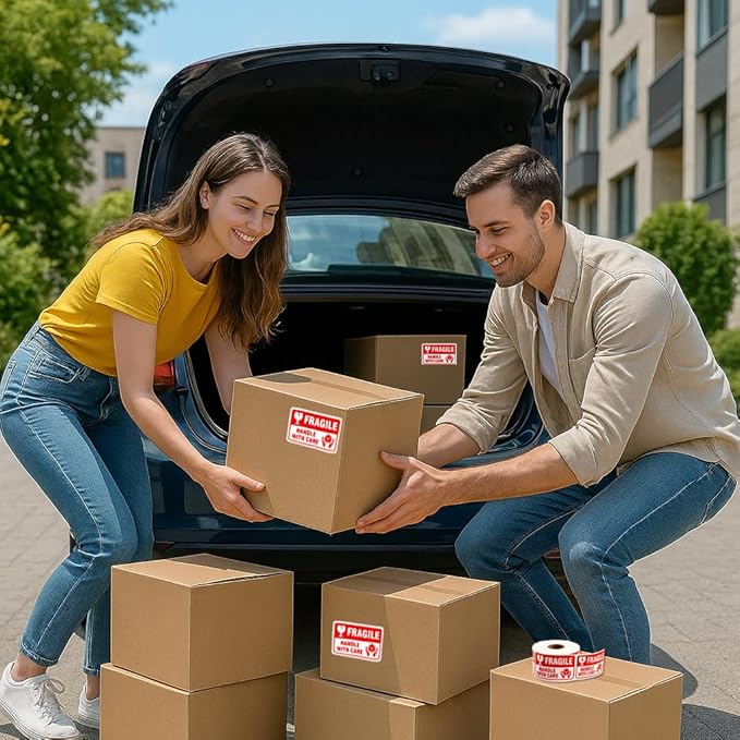 Fragile Stickers 3 x 2 Inch – Waterproof Handle with Care Labels for Shipping and Moving - 500 Strong Adhesive Stickers per Roll