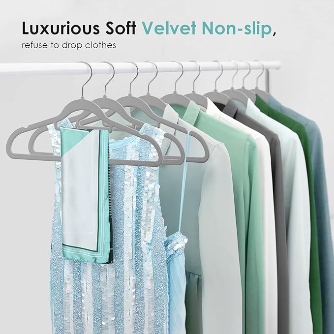 Velvet Hangers Non Slip Felt Hangers, 30 Pack Grey Velvet Clothes Hangers Space Saving Slim with 360 Degree Swivel Hook for Suits Coats, Jackets, Pants, and Dress Clothes