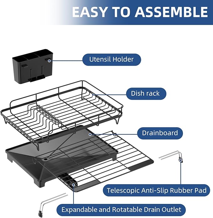 Extendable Dish Racks 16.3"-21.6" L x 16.7" W,Stainless Steel Dish Drying Rack for Kitchien Counter, Anti-Rust Dish Strainer with Cutlery Holder