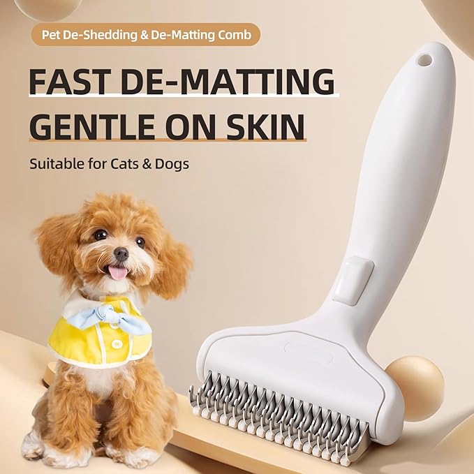 Pet Grooming Combo Tool for Cats and Dogs, Deshedding and Dematting Rake with Metal Comb forDetangling Long, Matted Fur (White)