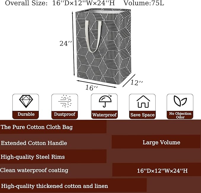 Waterproof Laundry Hamper 75L Collapsible Laundry Basket Extended Cotton Handle Laundry Bag Large Clothes Storage Toy Organization for Bathroom Bedroom Laundryroom College Dorms