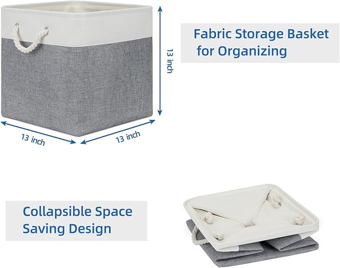 Temary Fabric Baskets 13 Inch Cube Storage Baskets with Rope Handle, Storage Cube Bins Clothes Basket for Gift, Large Storage Bins for Storage Books, Blankets (White&Gray)