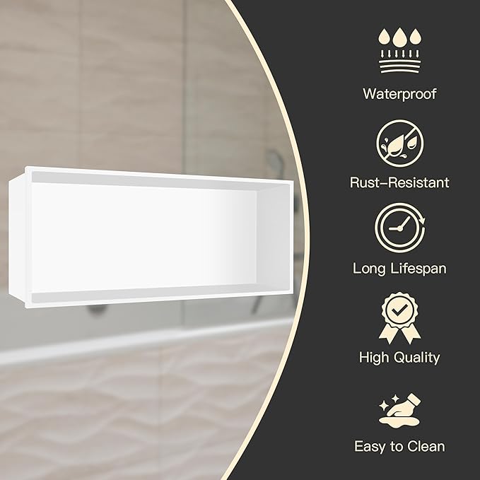 BATHFINESSE Shower Niche 24" X 12" White, Stainless Steel Wall Niche Recessed Shower Shelf for Bathroom Storage, No Tile Needed Over Mount Installation
