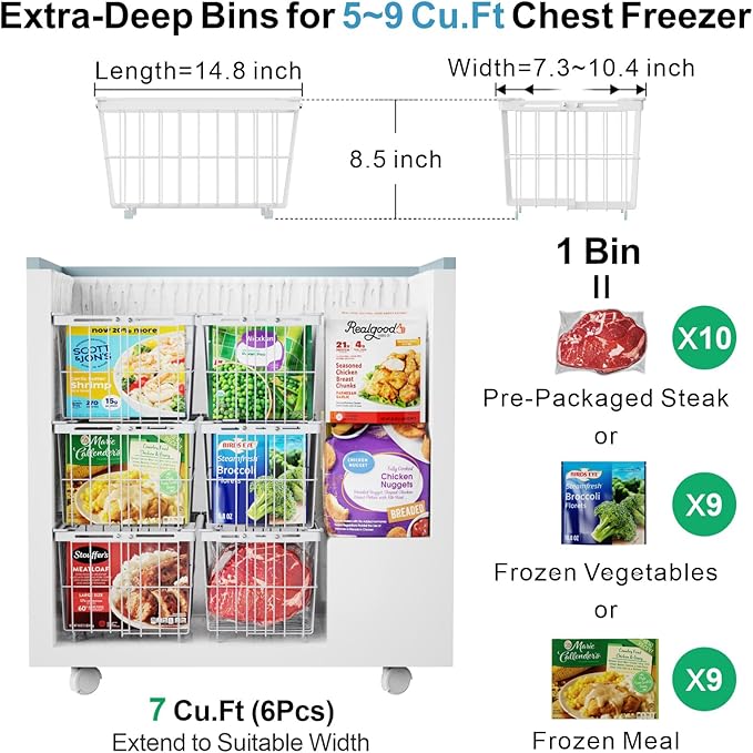 iSPECLE Freezer Organizer Bins - 5 Pack Adjustable Width for 5 to 7 Cu.Ft Chest Freezers, Stackable Wire Storage Baskets, Assembly Required, White