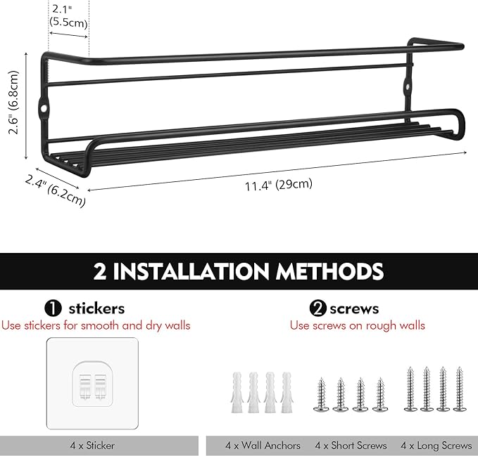 Wall Mounted Spice Rack, Hanging Spice Organizers, Kitchen Condiments Storage for Space Saving (2pcs, Black)