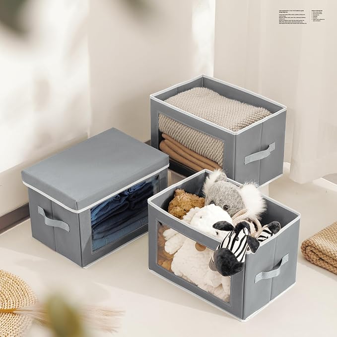 Collapsible Storage Bins with Lids, 4 Pack Closet Cubes for Organization, Fabric Storage Baksets with Window, Clothes Organizer bins for Home, Dorm, Grey