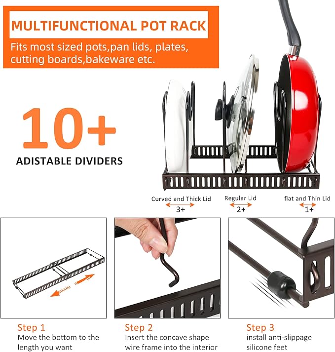 Pot Rack Organizer -Expandable Pot and Pan Organizer for Cabinet,Pot Lid Organizer Holder with 10 Adjustable Compartment for Kitchen Cabinet Cookware Baking Frying Rack,Bronze