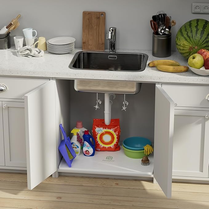 Under Sink Mat, 28" x 22" Silicone Kitchen Cabinet Tray, Waterproof & Flexible Under Sink Liner for Kitchen Bathroom and Laundry Room(White)