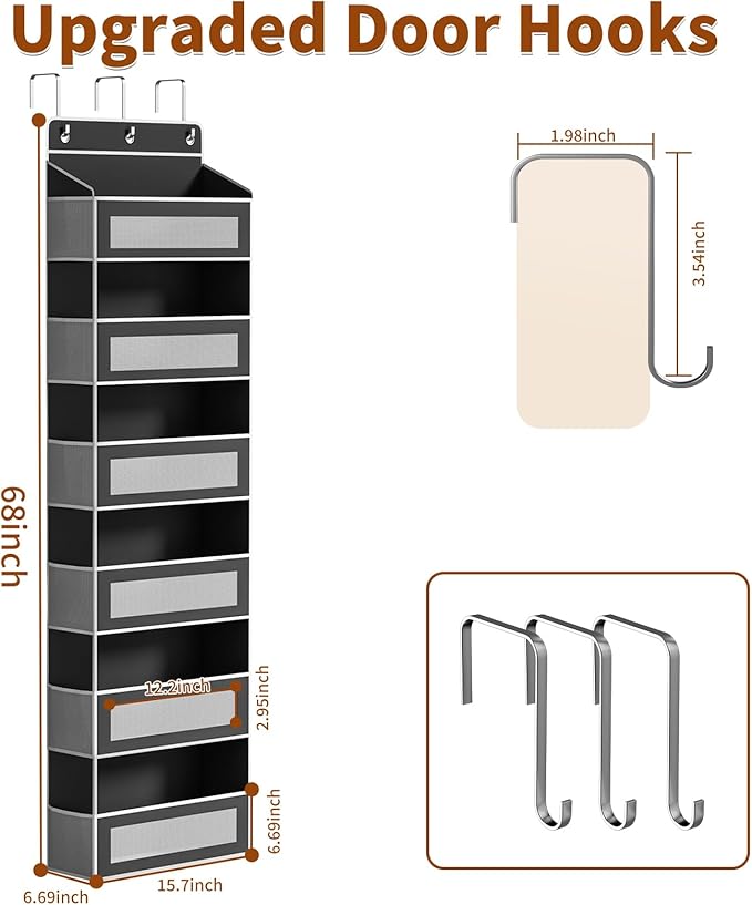 Over The Door Organizer with 6 Large Pockets, Over the Door Storage 12 Side Pockets, Hanging Door Organzier 44 lb Load Behind Door Storage Hanging Shelf for Closet Wall Bathroom Nursery, 6-Tier Black