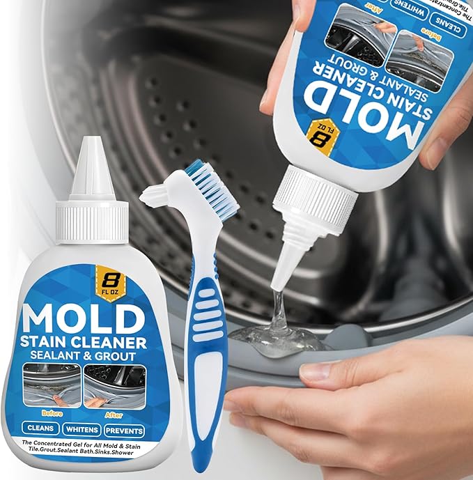 Mold Stain Cleaner, 8 Floz Washing Machine Cleaner Gel with Brush, Household All-Purpose Cleaner Highly Effective in Penetrating for Grout, Fridge, Bathroom, Shower, Front Load Washer, Tile Bathtub