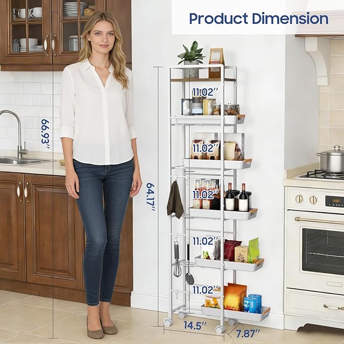 6 Tier Slim Storage Cart with Pull-Out Baskets Rolling Cart with Wheels Wood Top Narrow Utility Cart Metal Shelving Units for Pantry Laundry Room Bathroom Kitchen White 8in(W)