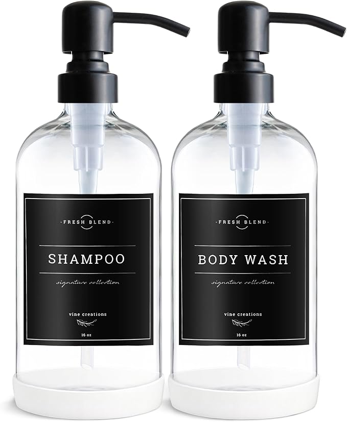 Vine Creations Clear Glass Soap Dispenser, 2 Pack Kitchen Soap Dispenser Set with Stainless Steel Pump, 16 oz Dish Soap and Hand Soap Dispensers for Bathroom with Waterproof Labels