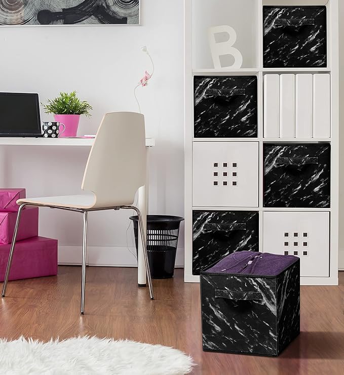 Sorbus Collapsible Fabric Storage Cubes - 11" Foldable Organization Baskets with Handle - 4 Black Marble for Pantry, Closet, Nursery, Dorm, Toy Storage