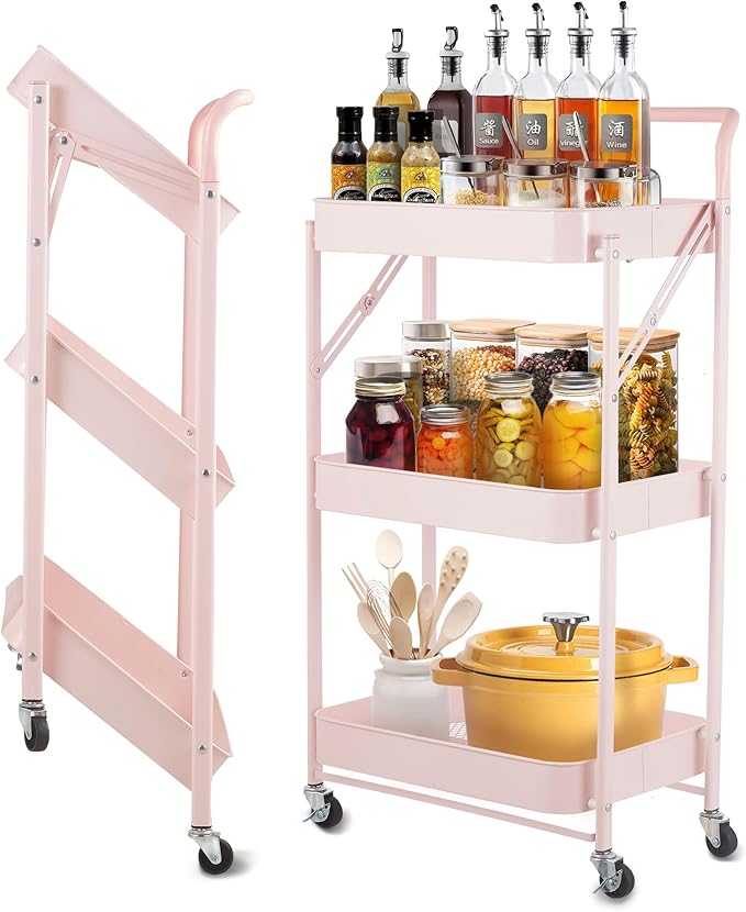 Pink Folding Storage Rack 3-Tier Mesh Storage Shelf Portable Closet Shelving Unit with 360°Removable Wheels for Kitchen/Living Room/Bathroom/Laundry Room/Pantry/Garage/(Max Load Capacity 200 lb)