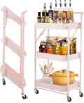 Pink Folding Storage Rack 3-Tier Mesh Storage Shelf Portable Closet Shelving Unit with 360°Removable Wheels for Kitchen/Living Room/Bathroom/Laundry Room/Pantry/Garage/(Max Load Capacity 200 lb)