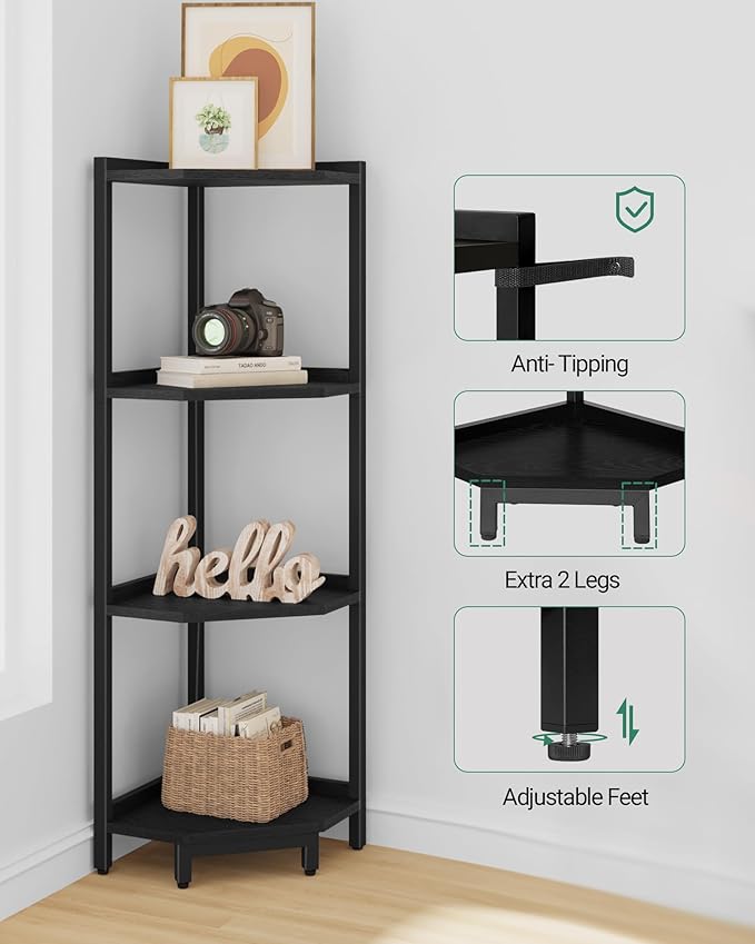 Corner Shelf Stand, Corner Bookshelf, Storage Standing Shelf Unit with Metal Frame, Plant Stand, Bookcase for Living Room, Home Office, Bedroom, 4-Tier Black CS05806B