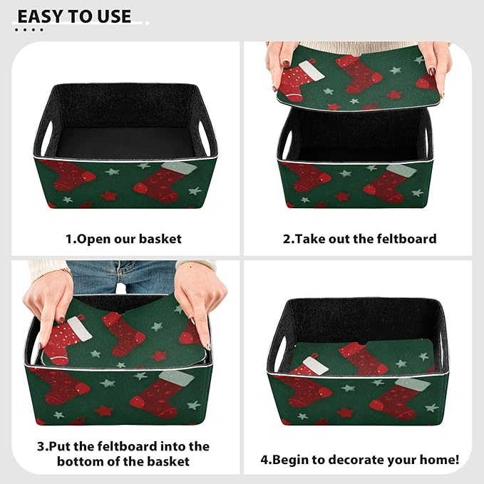 Green Christmas Socks with Stars Closet Storage Bins 2 Pcs Felt Open Home Storage Containers Organizer with Handles Collapsible Shelf Basket for Home Office Craft Room Classroom Fabric