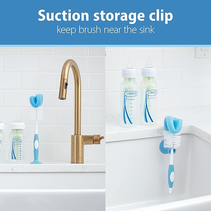 Dr. Brown's Reusable Sponge Baby Bottle Cleaning Brush with Suction Cup Stand, Scrubber and Nipple Cleaner, BPA-Free, Blue/Gray/Pink, 3-Pack