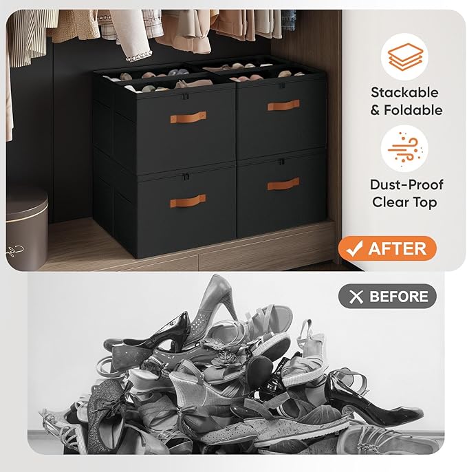 2 Pack Shoe Organizer for Closet,Foldable Shoe Storage Organizer with Adjustable Dividers, Shoe Storage Box with Clear Cover, Fits up to 16 Pairs, Black
