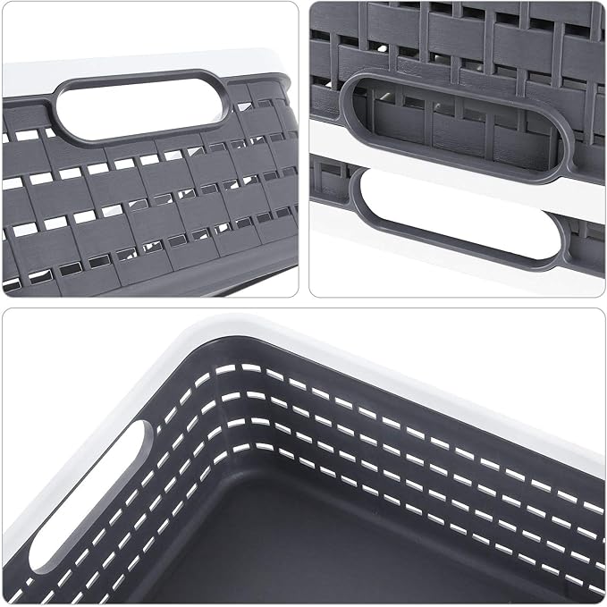 CertBuy 3 Pack Plastic Storage Baskets 14 x 10 x 4.5 Inch, Large Weave Storage Bins with Handle for Cabinet, Shelf, Kitchen, Bedroom, Bathroom and office – Dark Grey