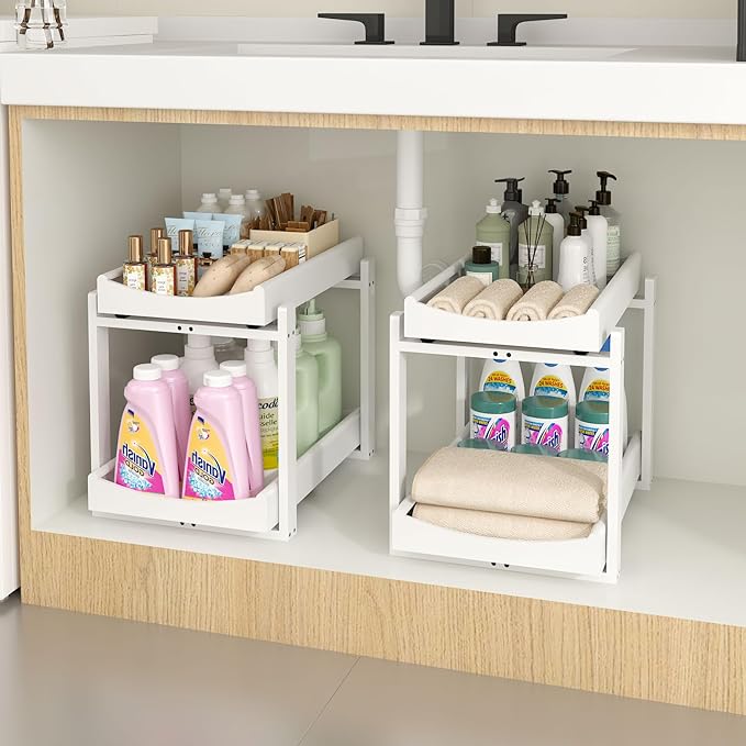 Bamboo Under Sink Organizer and Storage, 2 Pack Pull Out Cabinet Organization, 2 Tier Vertical Slide Out Undersink Storage Shelf, Multi-Purpose Organizer Shelves for Kitchen Bathroom Medicine, White