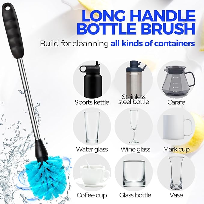 Holikme Bottle Brush Cleaner Set, 14" Long Handle Stainless Steel Bottle Cleaner Brush, 3 Straw Cleaner Brush, Bottle Cleaning Brush for Water Bottle, Cups, Abrasive Flat End Brushes, Straws Blue