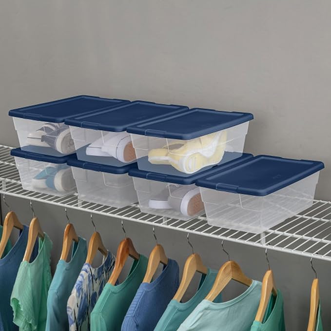 Sterilite Stackable 6 Quart Clear Home Storage Box with Handles and Blue Lid for Efficient, Space Saving Household Storage and Organization (30 Pack)