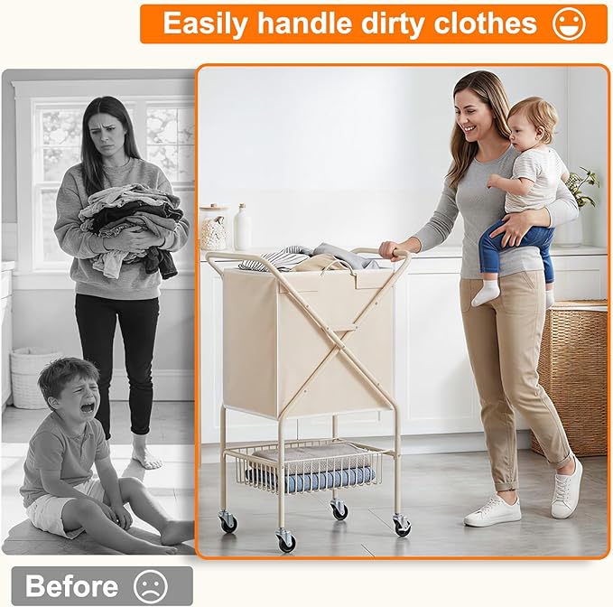 Laundry Basket with Wheels:88L Rolling Laundry Cart Foldable Metal Frame Dirty Clothes Laundry Hamper 36"H 4 Caster 2 Brake Waterproof Removable Liner Carry Handle for Dorm Laundry Room,Cream