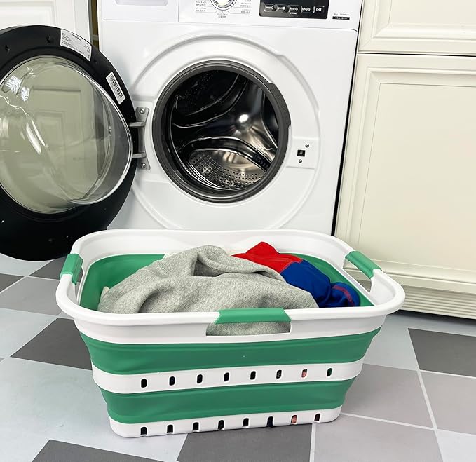 SAMMART 42L (11 gallon) Collapsible Plastic Laundry Basket - Foldable Pop Up Storage Container/Organizer - Space Saving Hamper/Basket (1, White/Winter Green)