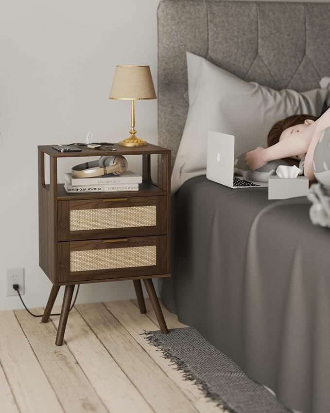 Veegle Rattan Nightstand with Charging Station,Modern Bedside Table with 2 Storage Drawer and Open Wood Shelf, for Bedroom and Small Spaces,Night Stand with Solid Wood Legs (Walnut Brown)