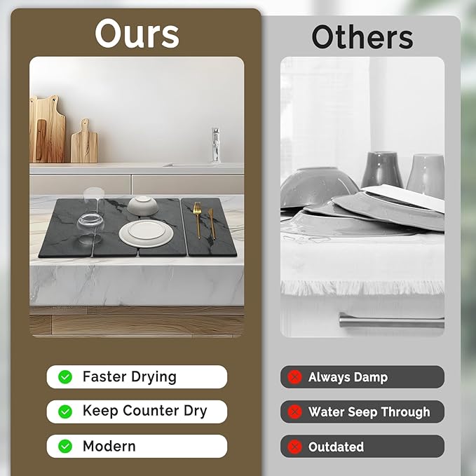 Large Stone Dish Drying Mat for Kitchen Counter, 2 PCS Quick Dry Stone Mats, Foldable Water Absorbing Diatomaceous Earth Drying Dishes Pad for Countertop Bottles Utensils Cup(Dark gray 24"x16"&8"x4")