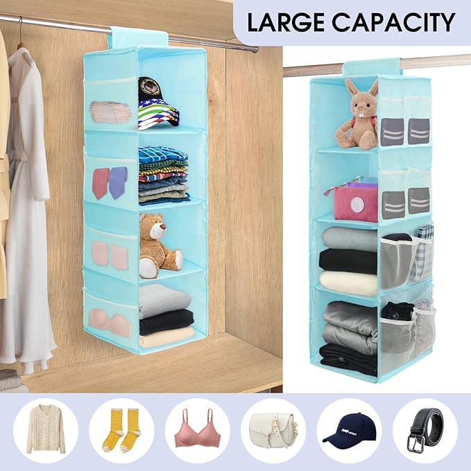 PetsHome 4-Shelf Hanging Closet Organizer, Space Saver, Closet Hanging Storage Shelves with Mesh Pockets & Magic Tap for Storage, Foldable-Blue