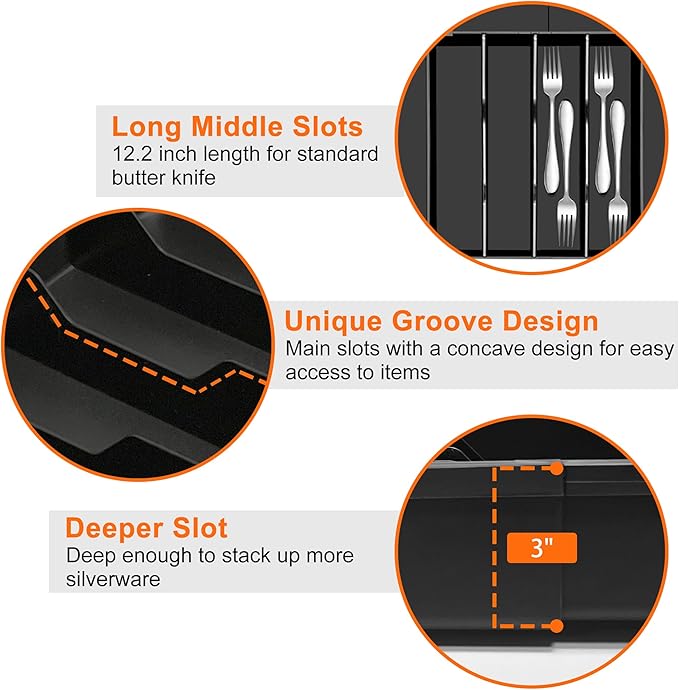 Large Kitchen Silverware Organizer - Expandable 17.2" x 17.9" Adjustable Drawer Tray, 4-7 Compartments for Maximum Storage, BPA-Free, Black
