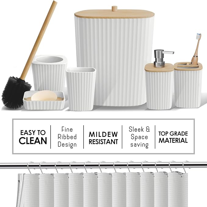 Clara Clark Bathroom Accessories Set - 27PC Bathroom Set with Adhesive Corner Shower Caddy Hanging, Bathroom Sets with Shower Curtain and Rugs, Ombre White Shower Curtain Set with Bathroom Trash Can