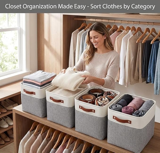 Univivi 13x13x13 Fabric Cube Bins with Hard Bottom,4 Pack Storage Baskets with PU Handles for Closet Foldable Storage Bins for Organizing,Gray